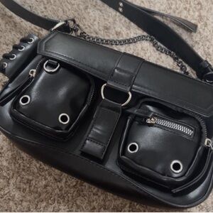 Black Women's Chain Strap Shoulder Bag with Front Pockets